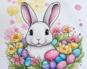 A watercolor illustration for a Happy Easter greeting card featuring a rabbit surrounded by flowers and Easter eggs. Perfect for Easter-themed content.