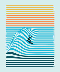 Vector illustration of a surfer silhouette riding down graphic waves, formed by distorted stripes.