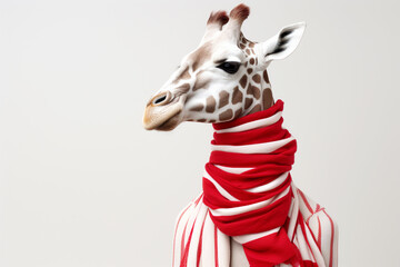 Giraffe wearing winter scarf on a solid background