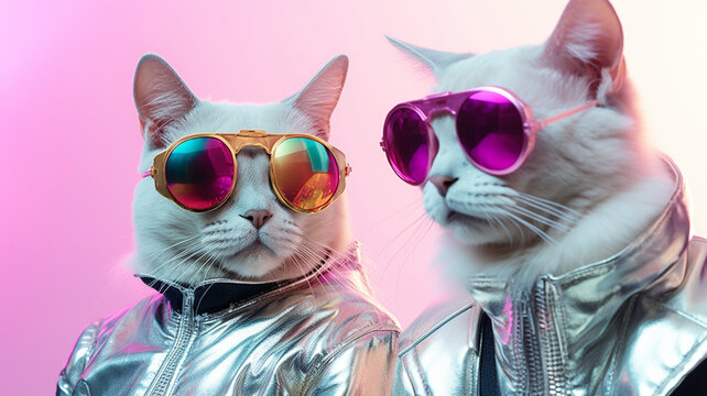 Futuristic cyber cats with fashionable clothes and accessories