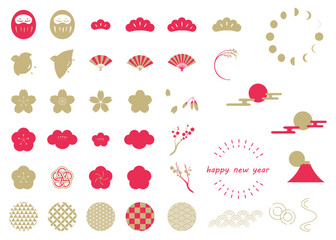 赤色と金色の縁起物と伝統文様のイラストセット　年賀状イラスト素材