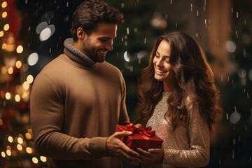 Obraz na płótnie Canvas A man gives his girlfriend a Christmas present. Generative AI.