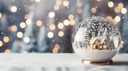 Fototapeta na wymiar Christmas glass ball on snow with mini house inside. Winter scenery. Generative AI.
