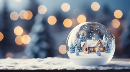 Christmas glass ball on snow with mini house inside. Winter scenery. Generative AI. - obrazy, fototapety, plakaty