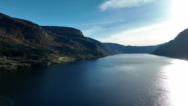 Beautiful Sorfjorden sea from Trengereid to Arna, Osteroy island on right frame, aerial