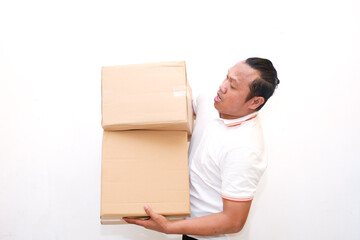 Asian man with cardboard box standing isolated on white background