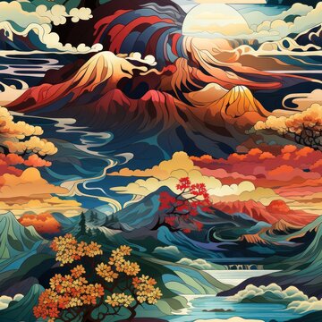 A nature-themed seamless pattern tile design in Aztec style, showcasing stylized mountains with rivers flowing through them, representing the interconnectedness of land and water