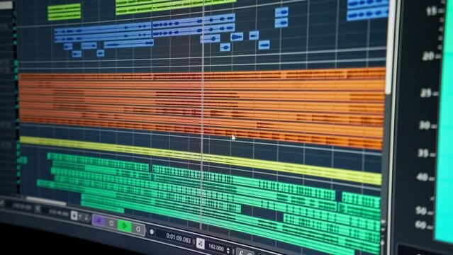 Computer monitor screen of a sound engineer showing audio tracks for mixing new soundtrack