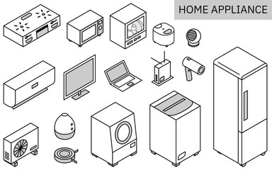Illustration of appliances needed for new life, simple isometric, monochrome