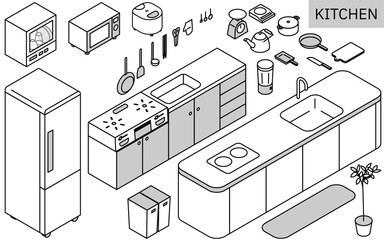 Illustration of kitchen utensils needed for new life, simple isometric, monochrome