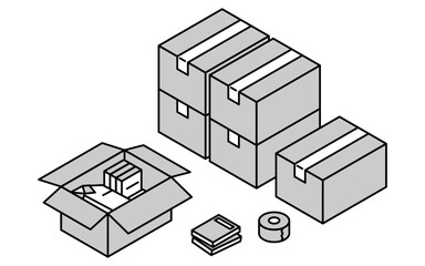 Finding a room for rent: preparing to move in, simple isometric, monochrome