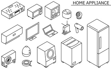 Illustration of appliances needed for new life, simple isometric, black and white