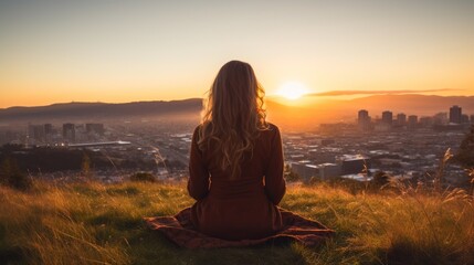 Meditation, harmony, life balance, and mindfulness concepts.A woman sitting on a hill with grasses, meditating in silence, with the landscape of a city and bright morning sky.