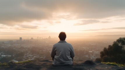 Meditation, harmony, life balance, and mindfulness concepts.A man sitting on a hill with grasses, meditating in silence, with the landscape of a city and bright morning sky.
