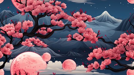 seamless pattern with pink trees in the mountains lunar new year