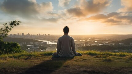 Meditation, harmony, life balance, and mindfulness concepts.A man sitting on a hill with grasses, meditating in silence, with the landscape of a city and bright morning sky. - obrazy, fototapety, plakaty