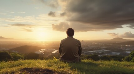 Meditation, harmony, life balance, and mindfulness concepts.A man sitting on a hill with grasses, meditating in silence, with the landscape of a city and bright morning sky.