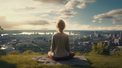 Meditation, harmony, life balance, and mindfulness concepts.A woman sitting on a hill with grasses, meditating in silence, with the landscape of a city and bright morning sky.