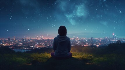 Meditation, harmony, life balance, and mindfulness concepts.A woman sitting on a hill with grasses, meditating in silence, with the landscape of a city and starry night sky.