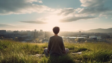 Fototapeta na wymiar Meditation, harmony, life balance, and mindfulness concepts.A woman sitting on a hill with grasses, meditating in silence, with the landscape of a city and bright morning sky.