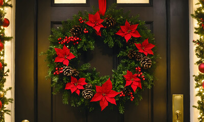 Fototapeta na wymiar Beautiful Christmas wreath hanging on entrance door. Elegant Christmas wreath on white wooden door in snowy day