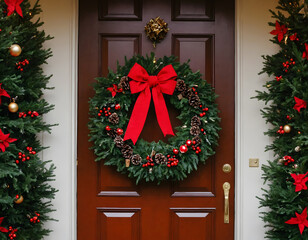 Fototapeta na wymiar Beautiful Christmas wreath hanging on entrance door. Elegant Christmas wreath on white wooden door in snowy day