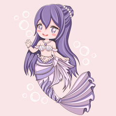 Beautiful Mermaid With Purple Tail Illustration