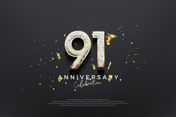Simple elegant design, 91st anniversary celebration with luxurious shiny glitter numbers. Premium vector background for greeting and celebration. - obrazy, fototapety, plakaty