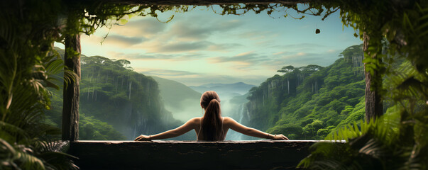Back view woman is enjoying under the rain forest mountains - obrazy, fototapety, plakaty