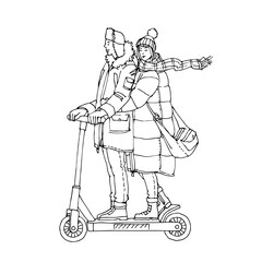 A young man rides a scooter with his girlfriend. Vector illustration with black ink lines, isolated on a white background.
