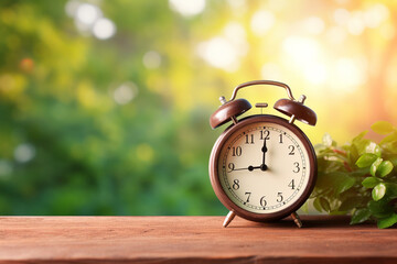 alarm clock On the old wood table morning green nature background