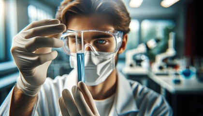 a male scientist in a laboratory setting, captured in a dynamic close-up