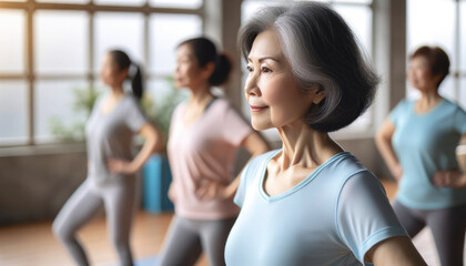 an Asian elderly female participating in a fitness class with other Senior Asian Women Exercising...