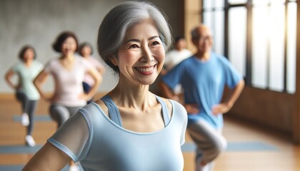 A happy Asian elderly female in a light blue top participating in a fitness class