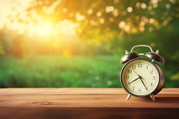 alarm clock On the old wood table morning green nature background
