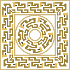 Greek ancient style square frame, border, round mandala seamless pattern with  greek key meanders. Vector white background illustration with golden frames, circle, borders. Modern beautiful ornaments