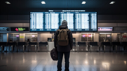 Man in an airport terminal checking the flight schedule - obrazy, fototapety, plakaty