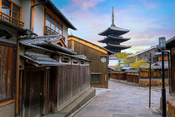 Kyoto, Japan - April 6 2023: The Yasaka Pagoda  known as Tower of Yasaka or Yasaka-no-to. The 5-story pagoda is the last remaining structure of Hokan-ji Temple which is built in the 6th-century