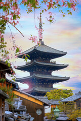 Kyoto, Japan - April 6 2023: The Yasaka Pagoda  known as Tower of Yasaka or Yasaka-no-to. The 5-story pagoda is the last remaining structure of Hokan-ji Temple which is built in the 6th-century
