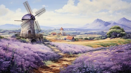 A breathtaking image of a vast field of lavender in full bloom, with a traditional Japanese windmill in the foreground, art painting