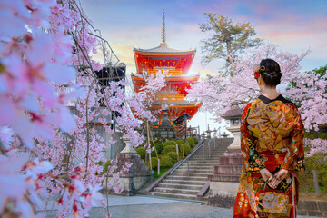 Young Japanese woman in a traditional Kimono dress stroll in Kiyomizu-dera Buddhist temple in...