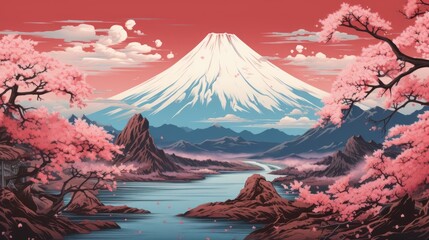 A breathtaking view of a mountain range covered in cherry blossoms, with a winding path leading to a hidden temple, japanese art style