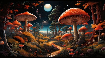 japanese art style traditional landscape mystical forest with vibrant mushrooms and magical creatures hidden among the trees