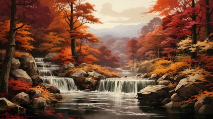 A cascading waterfall flowing through a lush forest, surrounded by vibrant autumn foliage, japanese art style traditional landscape