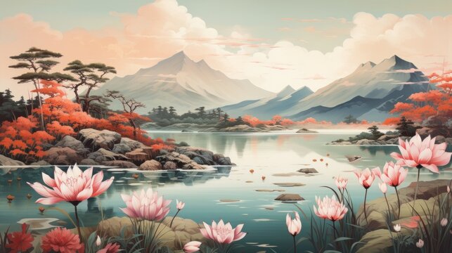 japanese art style traditional landscape serene lake with blooming lotus flowers and elegant swans gliding on the water