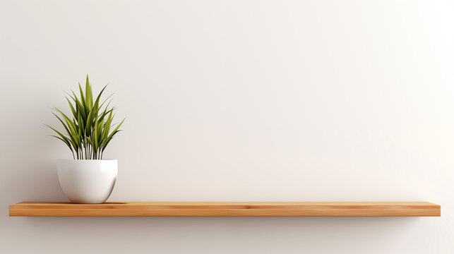 Plain Wood Shelf With A Green Plant, White Background, For Display or Montage of Products. High Quality Photo