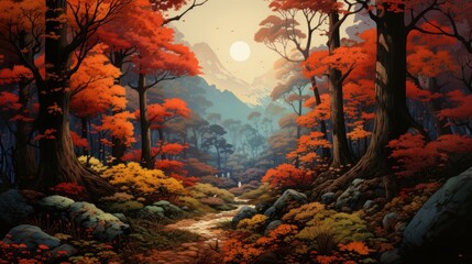 japanese art style landscape of a colorful autumn forest, with vibrant red, orange, and yellow leaves covering the ground