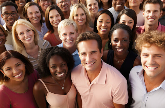 Group of people with many skin colors and ethnicities taking photos together