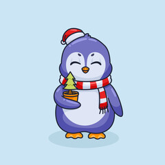 Cartoon Penguin Carrying a Christmas Tree Vector Illustration
