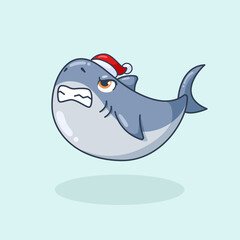 Cartoon Shark With Christmas Hat Vector Illustration